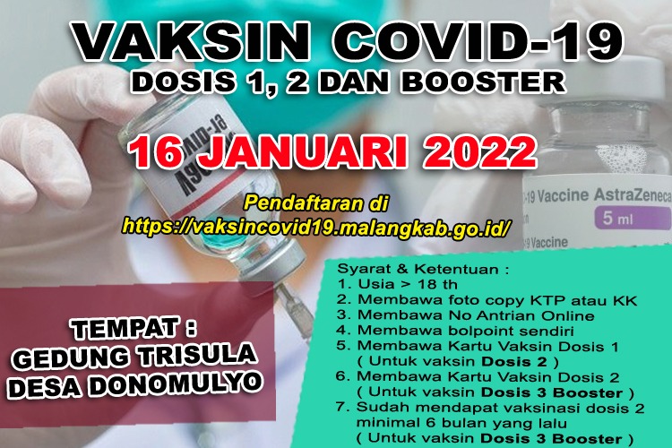 VAKSINASI COVID-19 BOOSTER( DOSIS 1,2, DAN BOOSTER ) TANGGAL 16 JANUARI 2022 DESA DONOMULYO